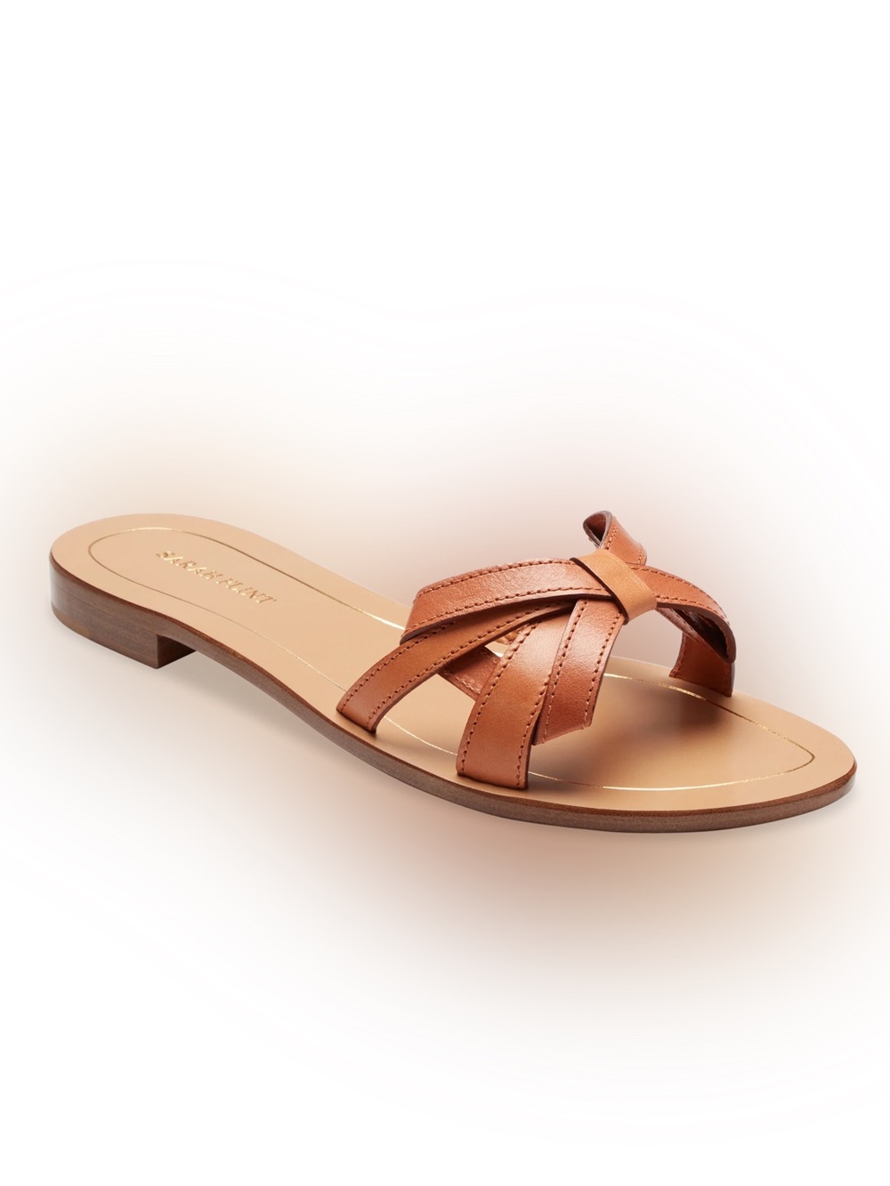 Sarah Flint Mirjana Interwoven Bow Slide Sandals in Camel Vachetta Leather